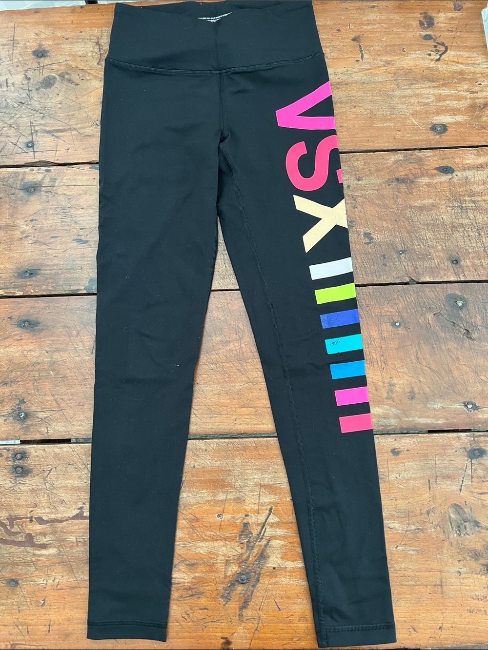 PINK Victoria's Secret Black Leggings with Multicolor Side Logo - Size XL